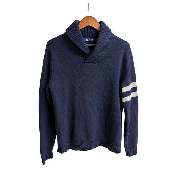 J. Crew 100% Lambswool Navy Shawl Collar Grey Striped Pullover Sweater - M - Picture 2 of 5
